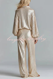 Glamorous Day Sequin Half Zip Loose Shirt and Elastic Waist Pocket Wide Leg Pants Set