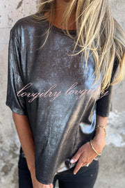 Metallic Solid Color Round Neck Short-sleeved Loose T-shirt