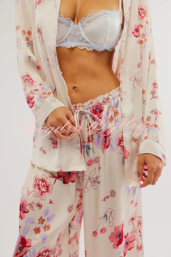 Unique Printed Lounge Long-sleeved Shirt and Elastic Waisted Baggy Pants Set