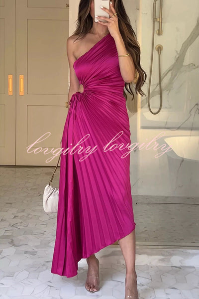 Glam Vibes Satin One Shoulder Side Cutout Pleated Maxi Dress