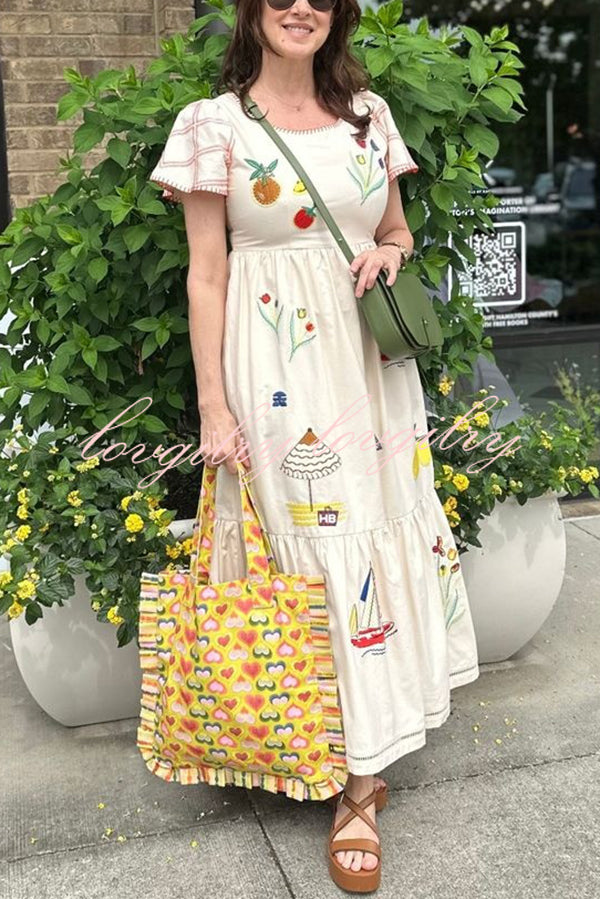 Summer Resort Printed Round Neck Bell Sleeve Maxi Dress