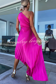 Glam Vibes Satin One Shoulder Side Cutout Pleated Maxi Dress