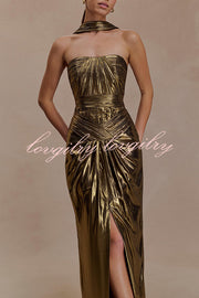 Clemence Plisse Metallic Fabric Reverse Halter Beck Strap Drape Slit Maxi Dress