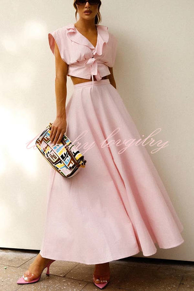 Haylee Linen Blend Ruffle Neck Tie-up Crop Top and High Rise Umbrella Maxi Skirt Set