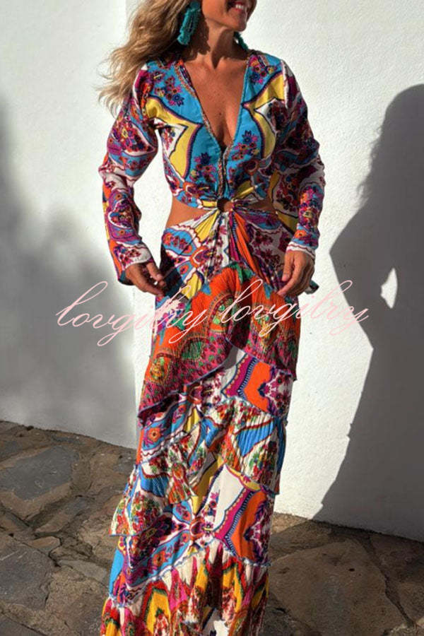 Colorful Day Unique Print Bell Sleeve Cutout Waist Layered Maxi Dress