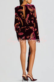 Night Out Velvet Paisley Print Long Sleeve Tie-up Tassel Loose Mini Dress