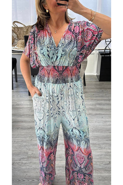 Unique Printed V-neck Loose Casual Wide-leg Jumpsuit