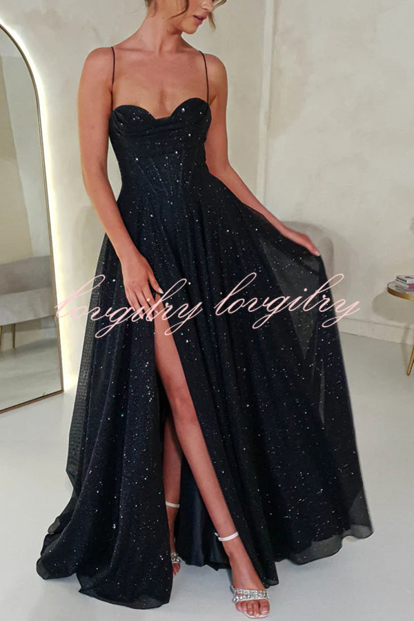 Cinderella Glitter Tulle Fabric Cowl Neck Back Lace-up Pocketed Slit Maxi Dress