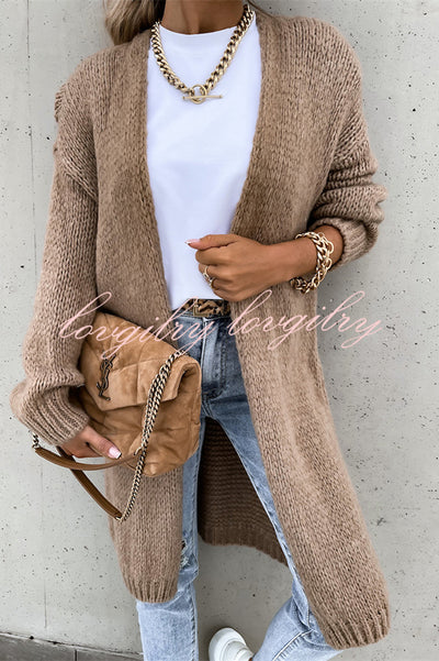 Solid Color V-neck Knitted Long-sleeved Oversized Midi Cardigan