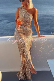 Santorini Night Sequin Fabric One Shoulder Slit Maxi Dress