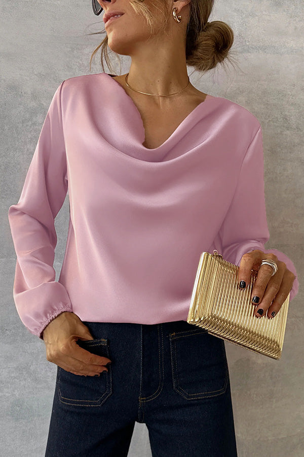 Simple and Beautiful Satin Cowl Drape Neck Long Sleeved Shirt