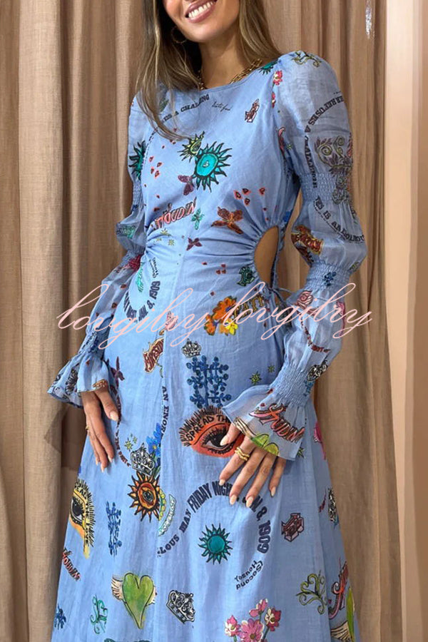 Special Holiday Linen Blend Unique Print Cut Out Puff Sleeve Lightweight Midi Dress