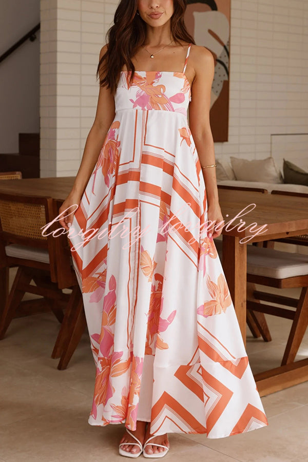 Botanical Print Halter Square Neck Pleated Loose Maxi Dress