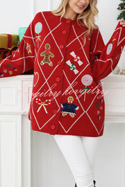 Argyle Candy Gingerbread Man Embroidered Button-knit Cardigan