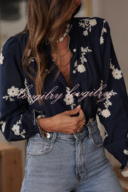 Floral Embroidery Long-Sleeved Button-Up Elegant Shirt