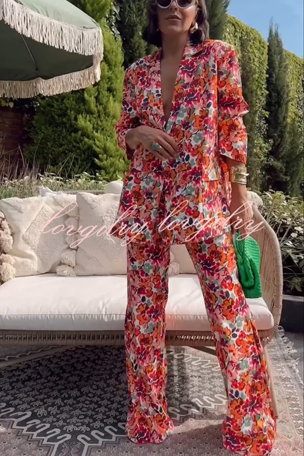 Full of Energy Flower Print Lapel Blazer and Elastic Waist Pocket Pleated Side Hem Pants Set