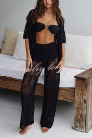 Fashion Hollow Loose Short-sleeved Top and Elastic Waist Casual Wide-leg Pants Set