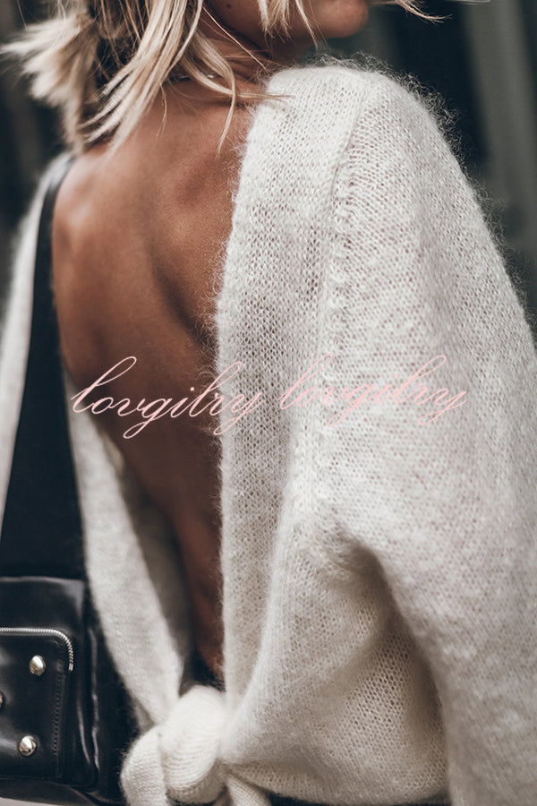 Chunky Season Knit Mohair-blend Long Sleeve Open Back Knot Design Loose Sweater