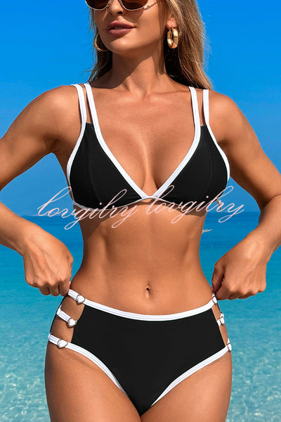 Contrast Color Lace-up Stretch Two-piece Bikini Swimsuit