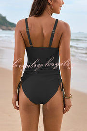 Solid Color Drawstring Waist Mesh One-Piece Bikini Swimsuit