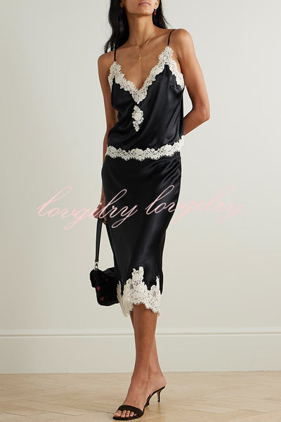 Celebration Look Contrast Color Satin Lace Trim V-Neck Slip Tank