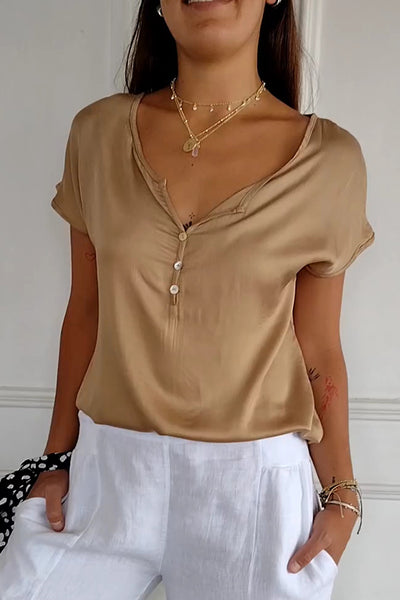 Solid Color Satin Loose Casual Short Sleeve Top