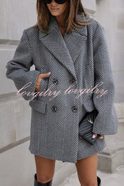 Fashion Stripe Print Lapel Pocket Coat