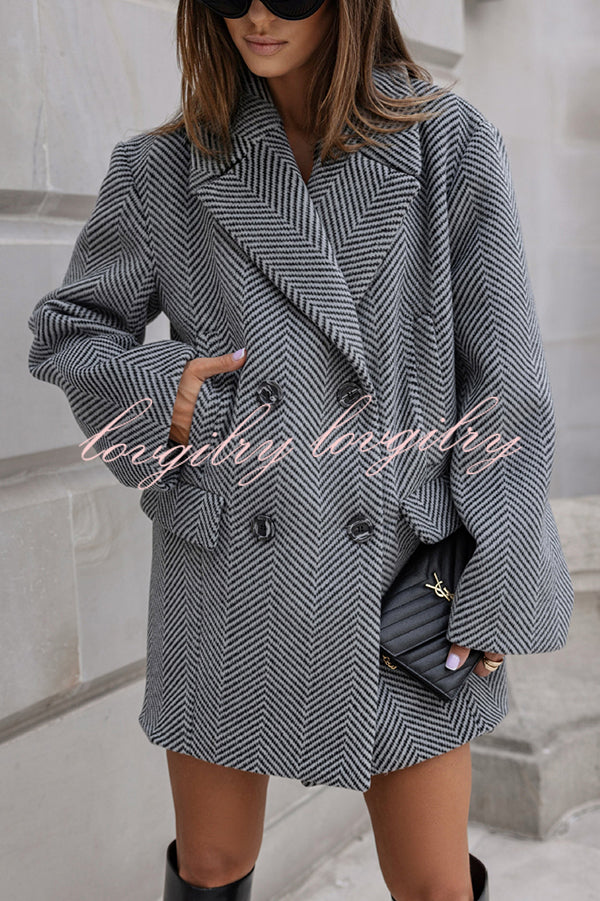 Fashion Stripe Print Lapel Pocket Coat