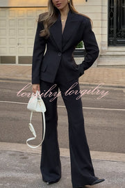 Solid Color Long-sleeved Single-button Blazer and Pocket Casual Flared Pants Set