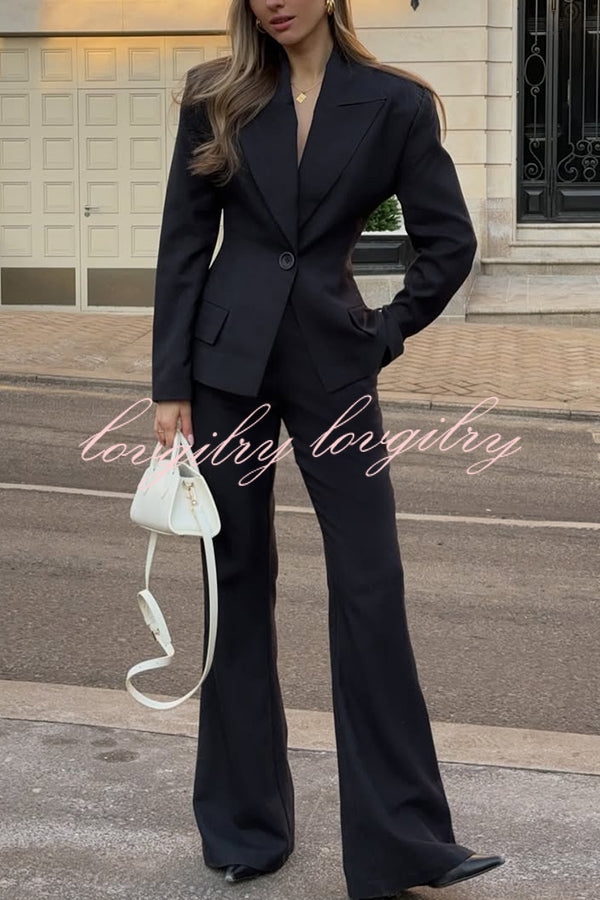 Solid Color Long-sleeved Single-button Blazer and Pocket Casual Flared Pants Set