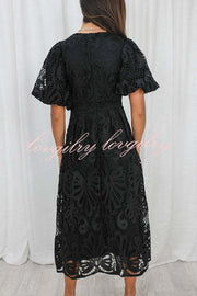 Solid Color V-neck Waist Slim Fit Hollow Lace Maxi Dress