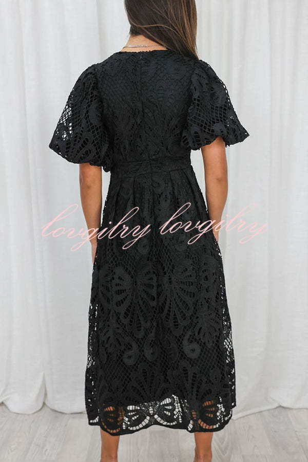 Solid Color V-neck Waist Slim Fit Hollow Lace Maxi Dress