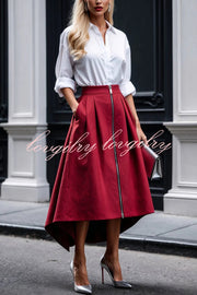 Effortless Charm Front Zipper Detail Pocketed High Low Pleated Midi Skirt