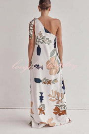 Matches The Vacation Unique Print One Shoulder Tie-up Pocketed Loose Maxi Dress