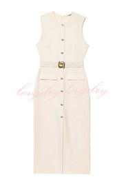 Danina Button Up Sleeveless Metal Belted Pocket Stretch Midi Dress