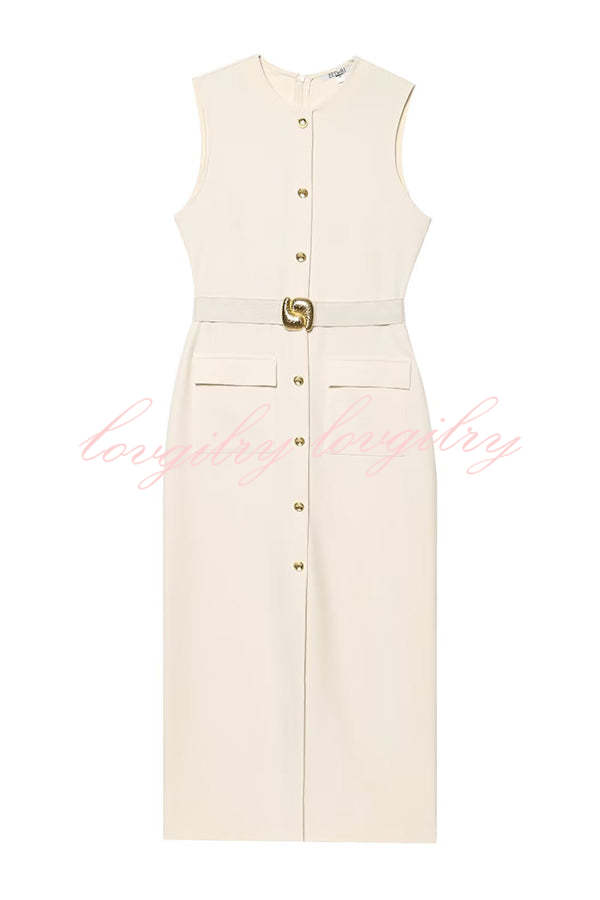 Danina Button Up Sleeveless Metal Belted Pocket Stretch Midi Dress