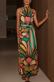 Unique Print Halter Neck Tie Backless Holiday Maxi Dress