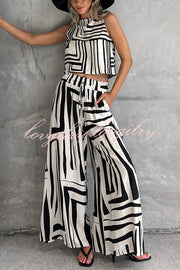 Striped Printed Sleeveless Casual Top and Elastic Waist Loose Pocket Wide-leg Pants Set