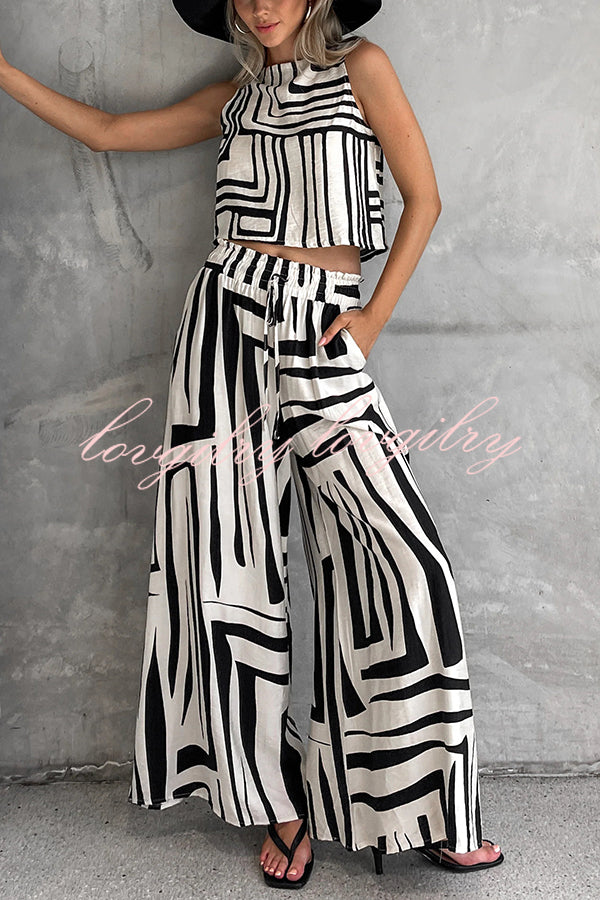 Striped Printed Sleeveless Casual Top and Elastic Waist Loose Pocket Wide-leg Pants Set