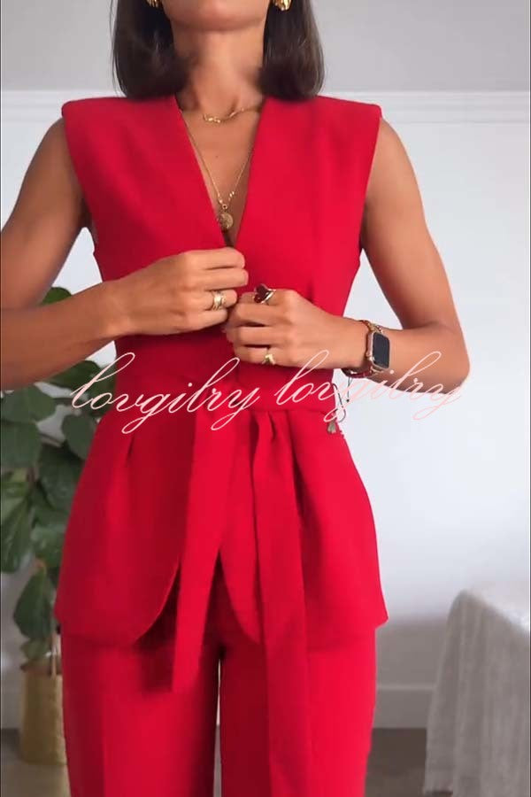 Keep It Classic V-neck Belted Vest and Mid Rise Pocket Wide Leg Pants Set