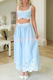 Perfect Vacation Embroidered Trim Crop Tank and Elastic Waist A-line Maxi Skirt Set