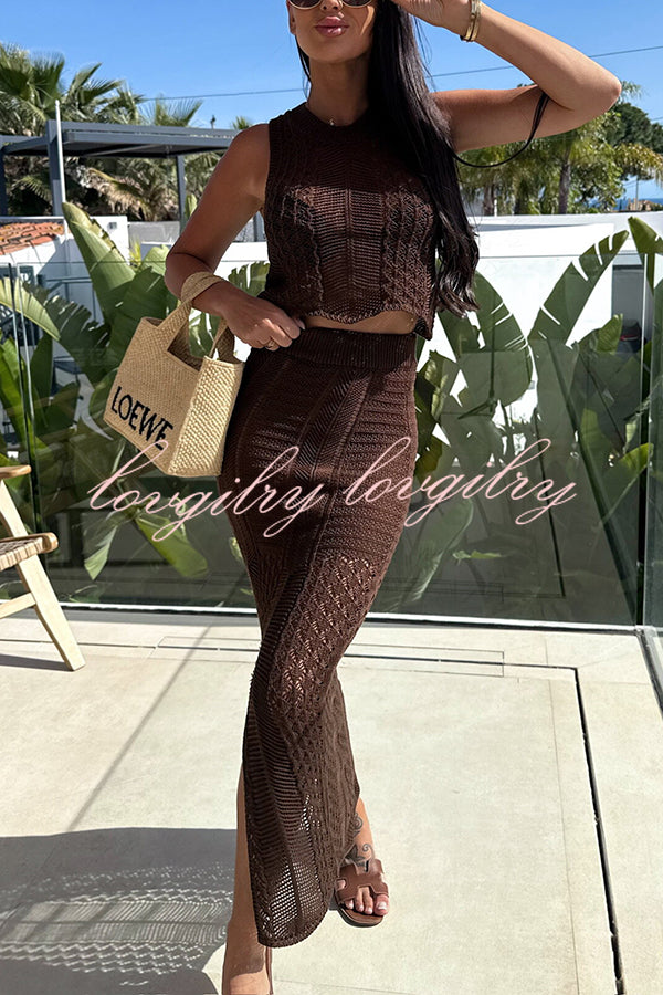 Solid Color Sleeveless Hollow Knit Crop Top and Elastic Slit Slim Midi Skirt Set