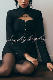 Elegant Long-sleeved Hollowed-out Button-down Slim-fit Mini Dress