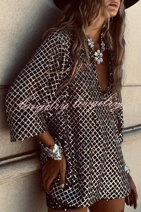 All about Glam Collar Sequin V-neck Half Sleeve Loose Top