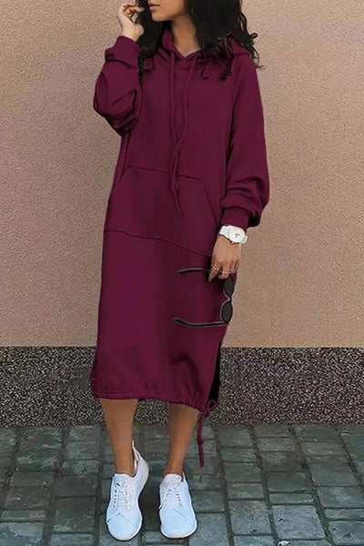 Solid Color Hooded Lace-up Pocket Sweatshirt Style Midi Dress