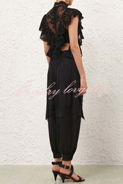 Esella Satin Gathered Waist Pocket Button Ankle Cuffs Harem Pant