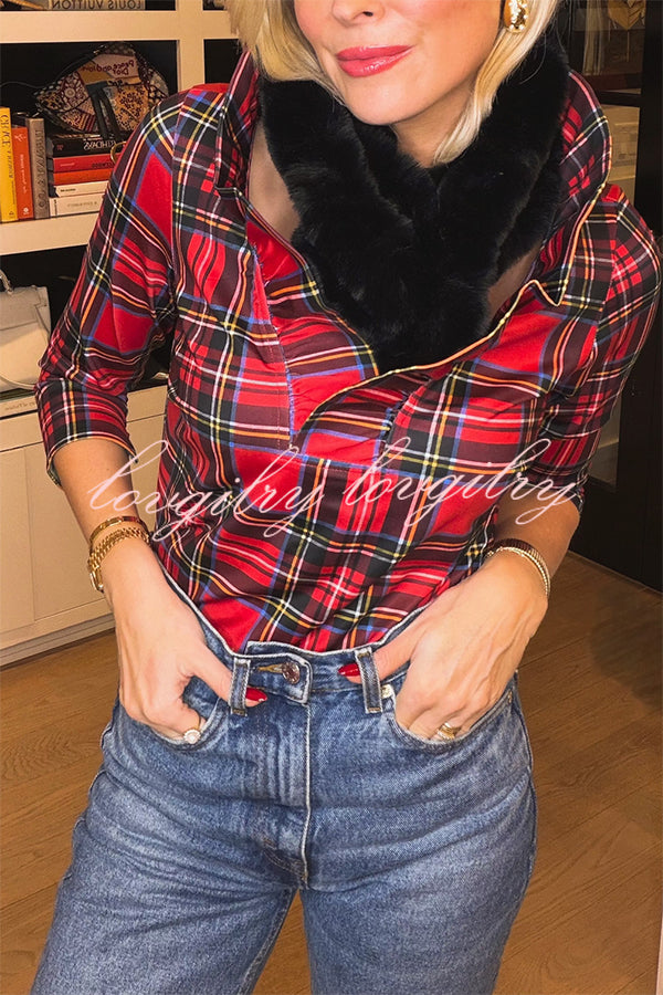 Duke of York Holiday Plaid Ruffle Stand Neck Half Sleeve Blouse