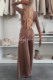 Solid Color Round Neck Long Sleeve Twist Crop Top and Elastic Waist Pocket Wide Leg Pants Set