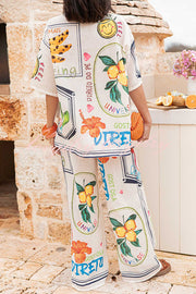 Summer Plant Fruit Print Casual Short Sleeve Shirt and Elastic Waist Loose Wide Leg Pants Set
