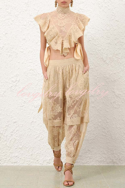 Ellie Lace Gathered Waist Pocket Button Ankle Cuffs Harem Pant